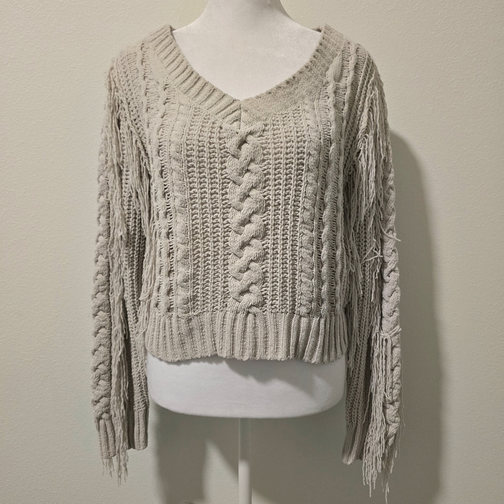 Rue 21 Womens Cable Knit Fringe Chunky Sweater V Neck Cream Size‎ Large